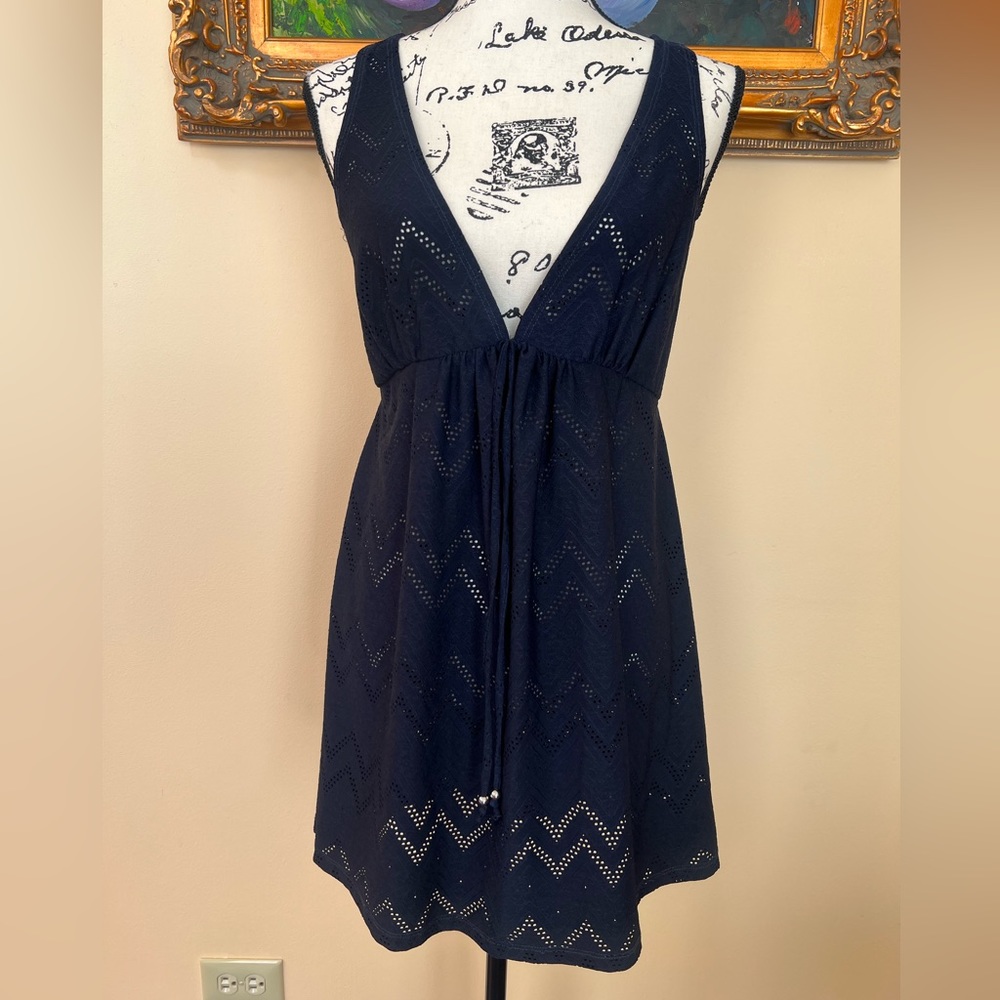 J Valdi Womens Sleeveless Drawstring V Neck Cover Up Dress Navy Blue Size Medium